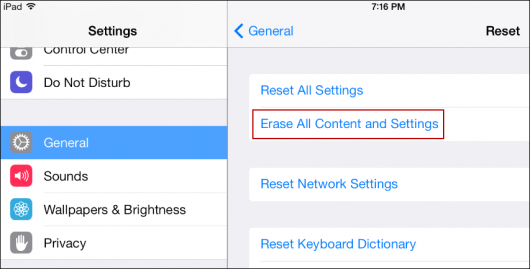 erase all content and settings