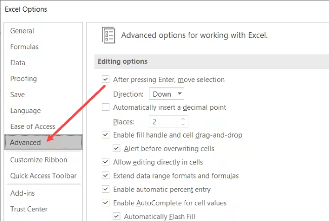 excel advanced option