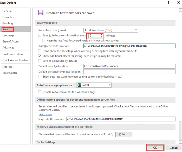 excel autosave settings