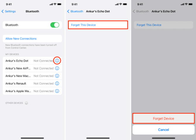 forget this device in iphone bluetooth settings