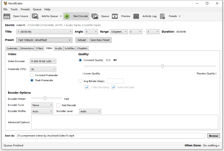 handbrake adjust video settings