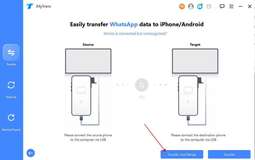 how to merge whatsapp in imytrans