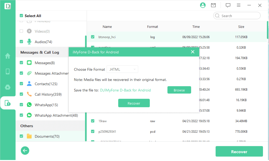 imyfone dback for android export data