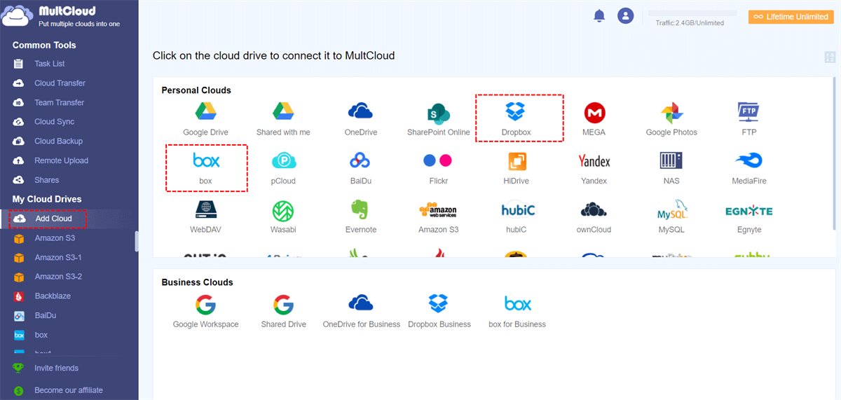  multcloud select dropbox and box option