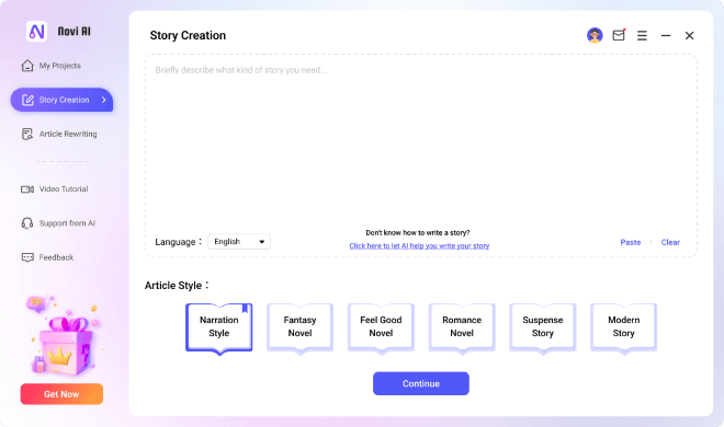 novi ai story creation interface