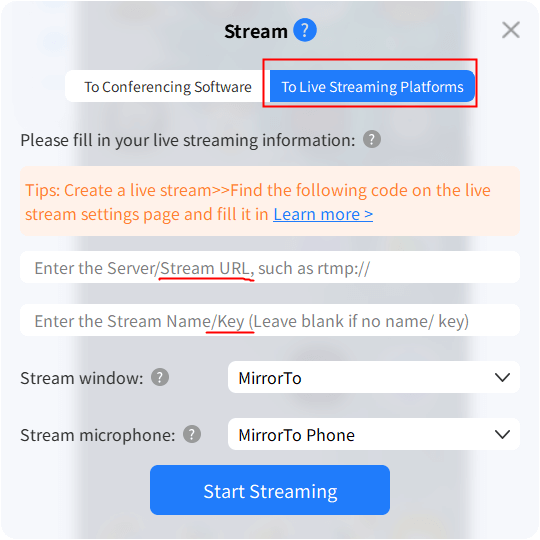 paste stream url and key