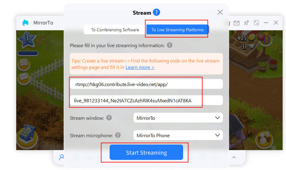 paste stream url and key