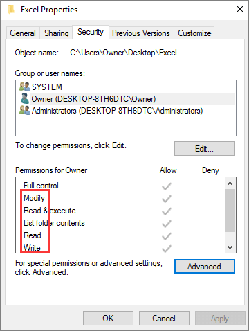 permission for owner excel file