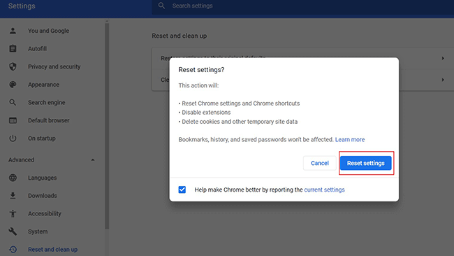 reset Chrome settings