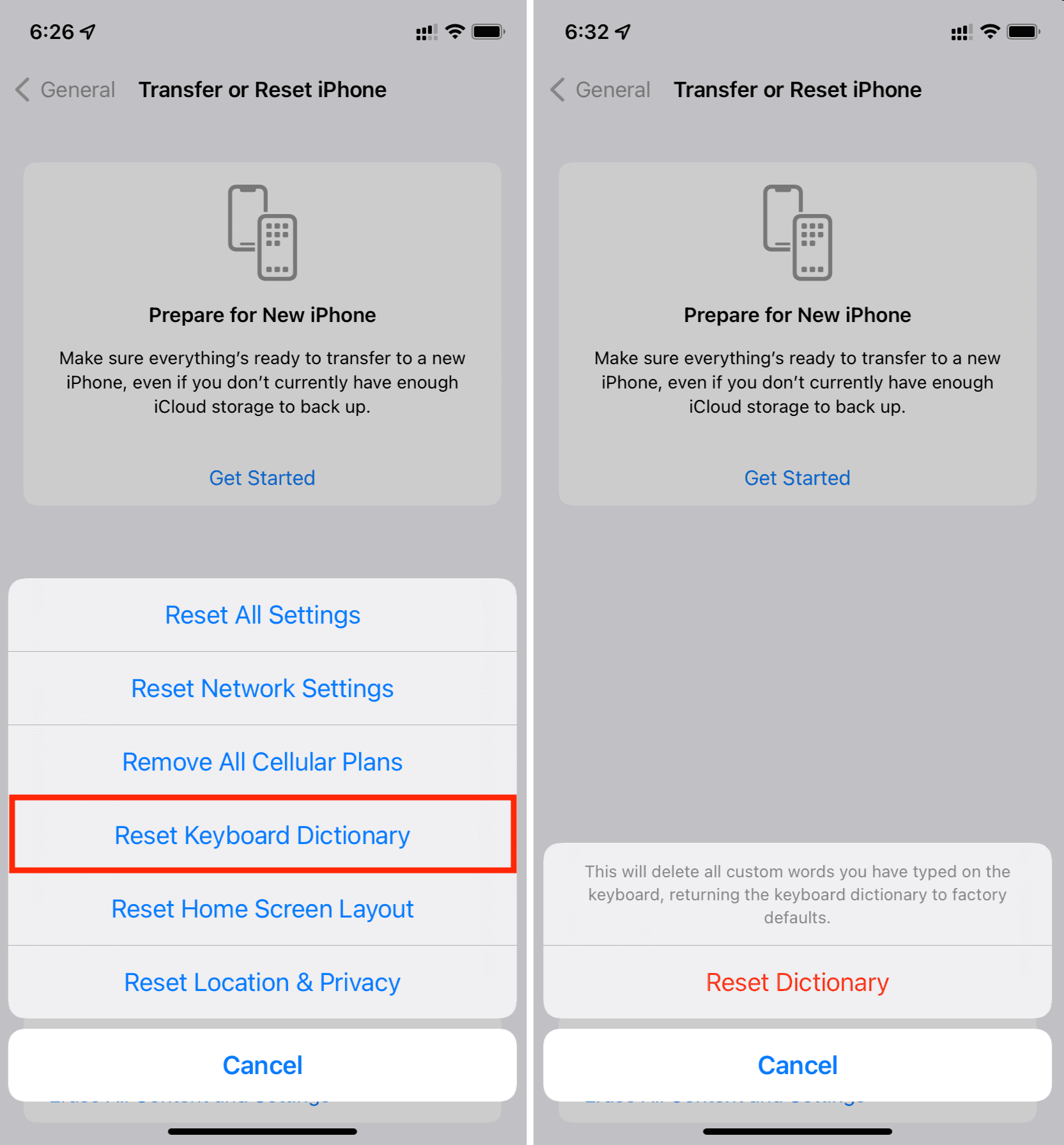 reset keyboard dictionary