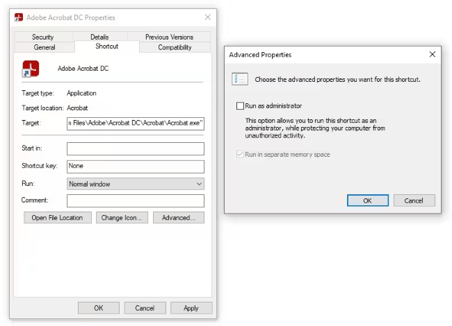 run adobe acrobat as administrator