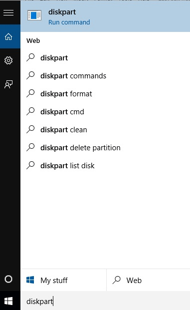 search deskpart on start menu