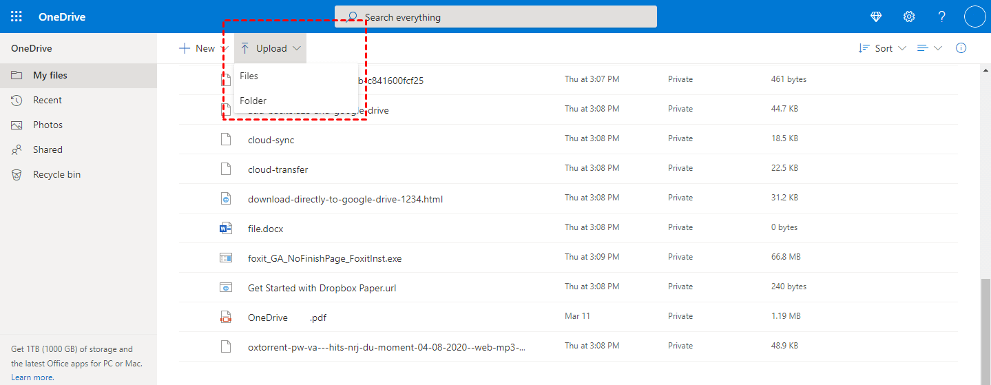 upload files to onedrive